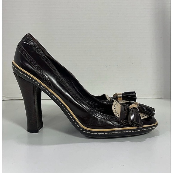 CELINE Brown & Ivory Leather Tassel Loafers Pumps Block Heel - Picture 10 of 11